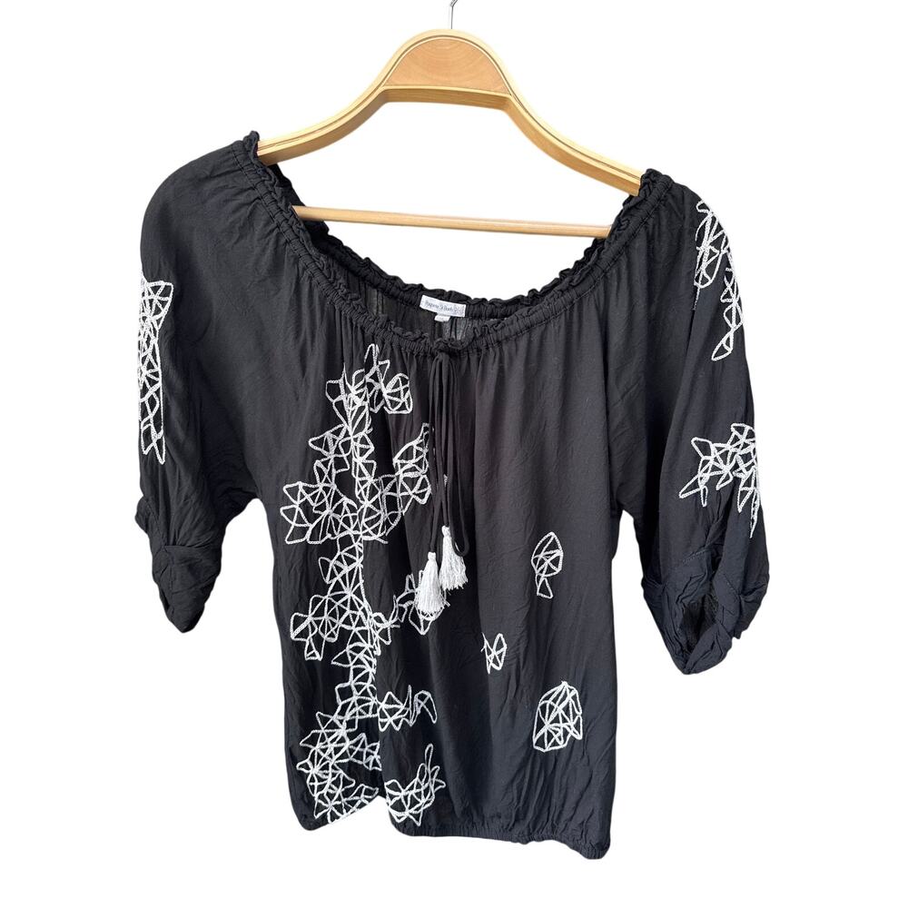 Poupette St Barth S Black Embroidered Tassel Tie Crop Peasant Top Viscose
